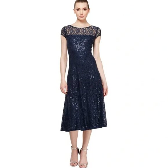 SLNY Navy Blue Sequin Lace Short Sleeve Midi Cocktail Evening Dress Size 4 NWOT - Picture 1 of 7
